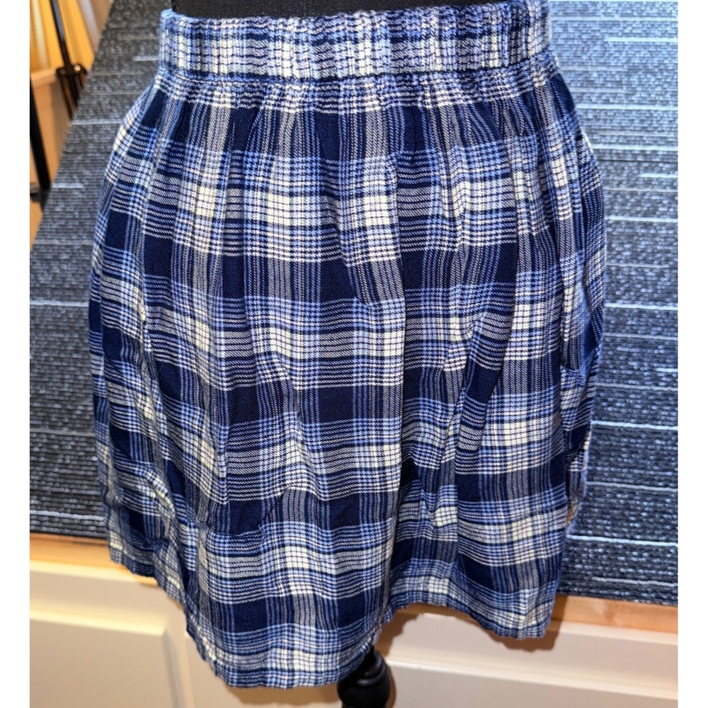 Hollister Plaid Mini Skirt Women XS BlueWhite Good Elastic Waist Modal Checkered